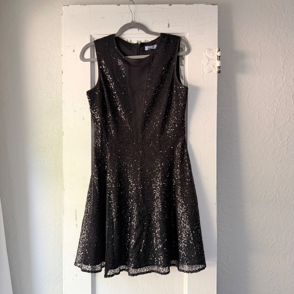 Cynthia Cynthia Rowley Black Sequin Mesh Fit & Flare Dress Size 4 NWT